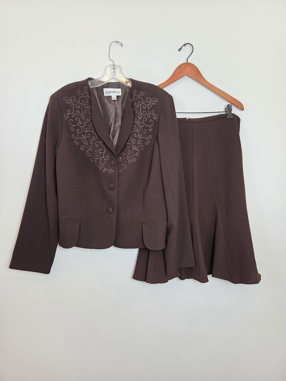 Vintage Danny & Nicole Brown Skirt Suit Embroidered Grandma Professional Church